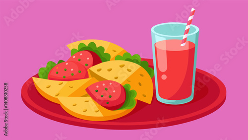Crispy tostadas served alongside a refreshing glass of bright red Agua de Jamaica a perfect balance of crunch and tangy sweetness.. Vector illustration