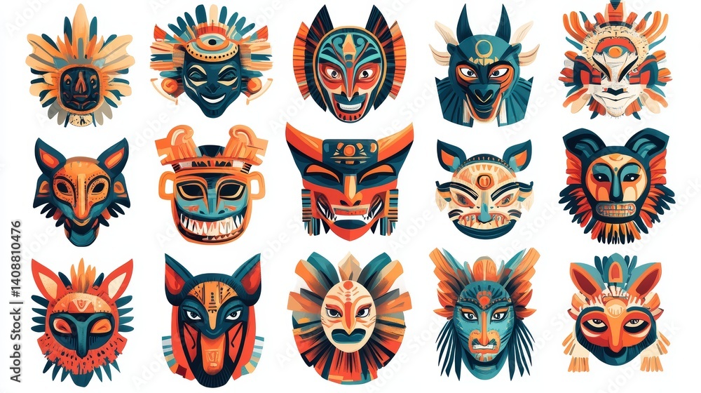 Fototapeta premium Colorful Cultural Masks Collection with Diverse Designs and Styles