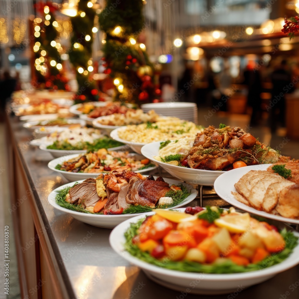 Fototapeta premium Festive Banquet Table Set with Assorted Dishes, Fresh Fruits, and Colorful Garnishes during Holiday Celebration in a Joyful Atmosphere