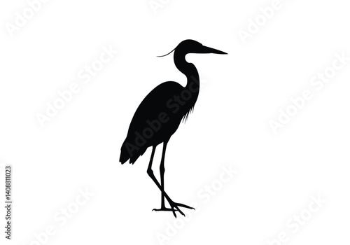Blue heron silhouette. This image shows a black silhouette of a blue heron standing on one leg with its head slightly turned. Vector clipart black illustration design.