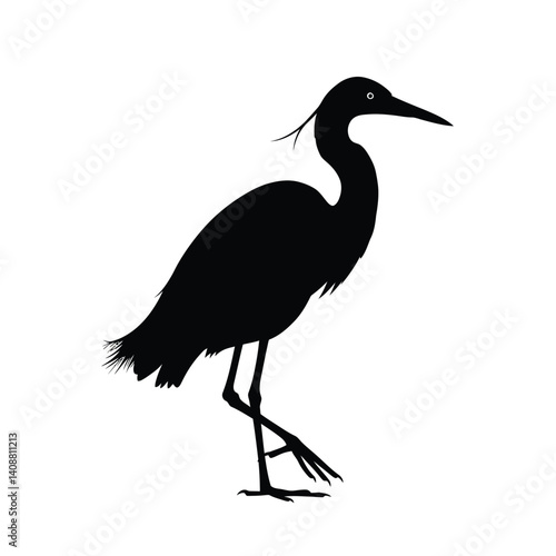 Egret silhouette. This image shows a black silhouette of an egret standing with a long neck and elegant posture. Vector clipart black illustration design.