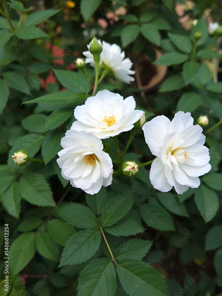 Obraz premium White double flowers of rosa pimpinellifolia Plena, popular ornamental garden plant also known as burnet rose. Rosa pimpinellifolia, the burnet rose, also known as Scotch Rose.