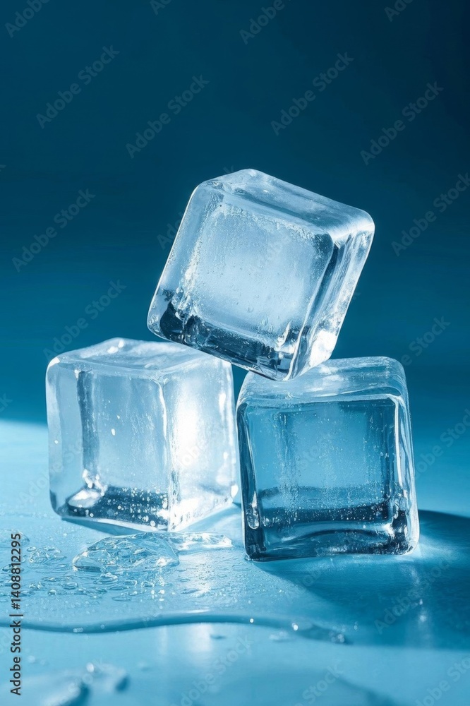 three ice cubes sitting on top of a blue surface three ice cubes sitting on top of a blue surface