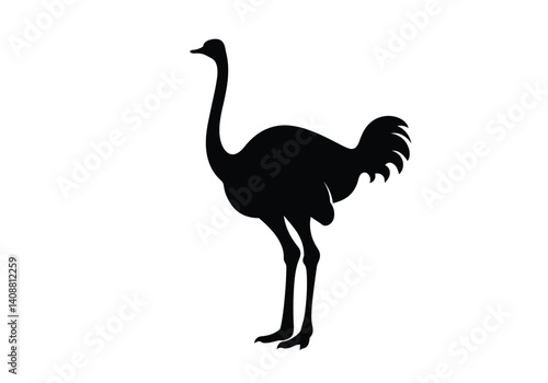 Ostrich silhouette. A black silhouette of an ostrich standing tall with its long neck and legs, showcasing its distinctive features. Vector clipart black illustration design.