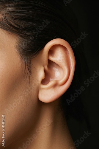 there is a woman with a pair of earrings on her ear