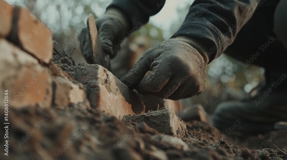 A construction worker laying bricks in a wall at a construction site. Featuring focus and craftsmanship A construction worker laying bricks in a wall at a construction site. Featuring focus and craftsmanship