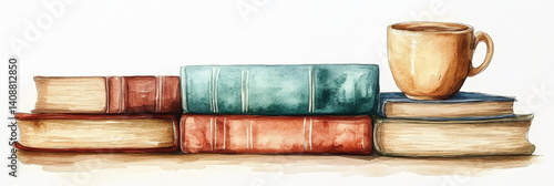 Stack of colorful books with coffee cup, evoking cozy reading atmosphere