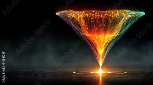 Futuristic funnel shape with vibrant neon lines and swirling smoke on a dark background. Glowing tech lines form a dynamic, modern pattern symbolizing energy, innovation, and transformation.

