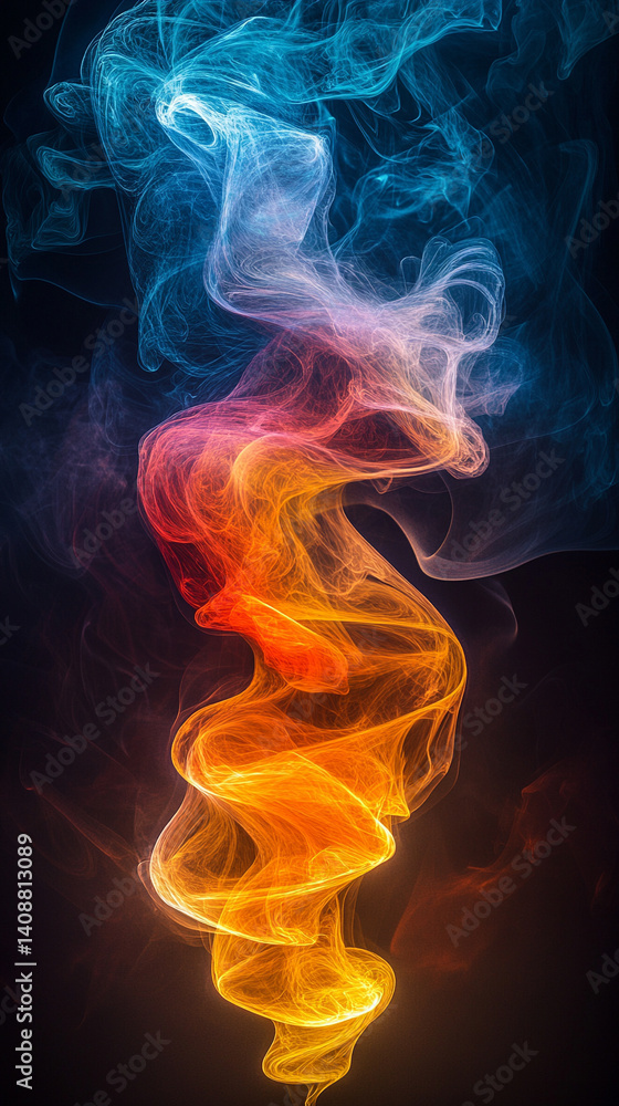 Fototapeta premium Futuristic funnel shape with vibrant neon lines and swirling smoke on a dark background. Glowing tech lines form a dynamic, modern pattern symbolizing energy, innovation, and transformation.
