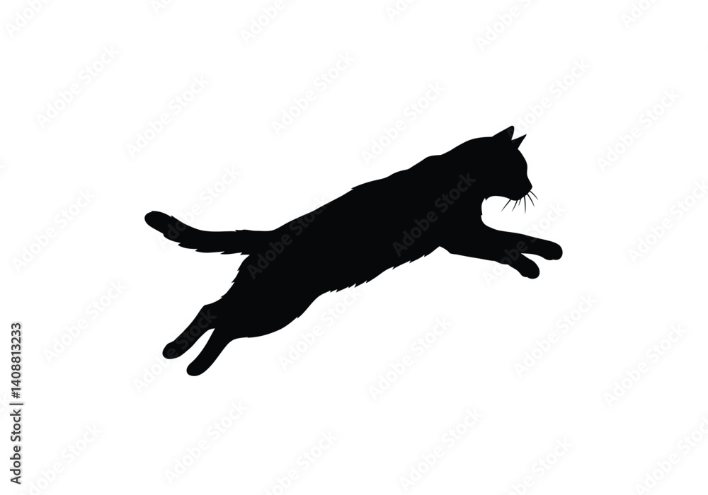 Cat jumping silhouette. A black silhouette of a cat in mid-leap, showcasing agility, motion, and grace. Vector clipart black illustration design.