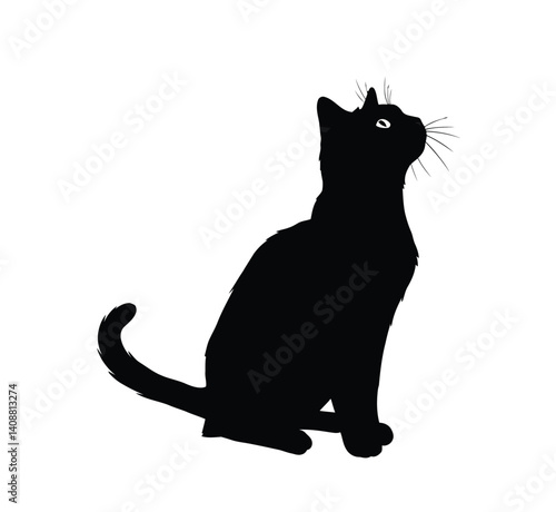 Cat looking up silhouette. A black silhouette of a sitting cat looking upwards with visible whiskers and defined features. Vector clipart black illustration design.