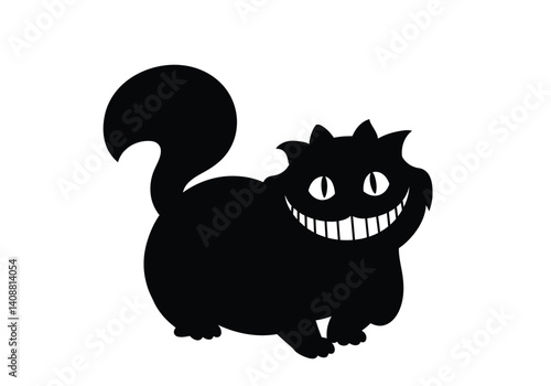 Cheshire cat silhouette. A black silhouette of the Cheshire Cat with its signature grin and whimsical expression. Vector clipart black illustration design.