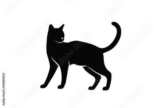Elegant cat silhouette. A black silhouette of a standing cat with its tail curved upwards, showcasing grace and sleekness. Vector clipart black illustration design.