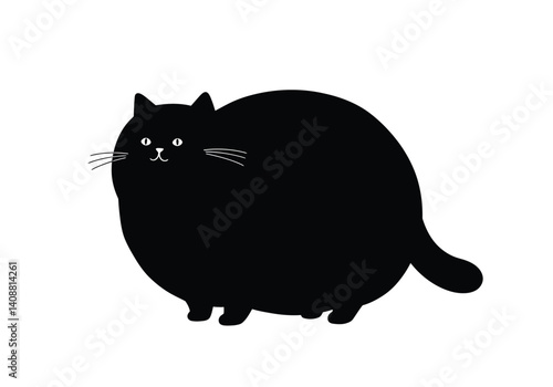 Fat cat silhouette. This image shows a black silhouette of a chubby cat with distinct whiskers, tail, and rounded features. Vector clipart black illustration design.