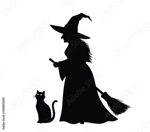 Witch and cat silhouette. A witch holding a broom stands beside a sitting cat, creating a mysterious and spooky theme. Vector clipart black illustration design.