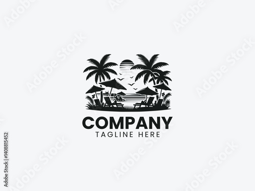Wallpaper Mural Tropical Beach Silhouette Palm Trees Lounger Umbrella Vector Logo Design Torontodigital.ca