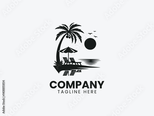 Tropical Beach Silhouette Palm Trees Lounger Umbrella Vector Logo Design