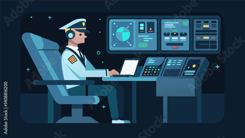 As the pilot settles into the ergonomic seat they are met with a dash of monochromatic screens each displaying critical flight information in realtime.. Vector illustration