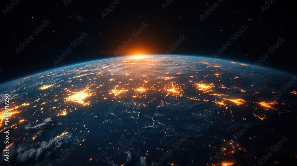 Obraz premium Beautiful Earth view from space with sunrise and bright city lights