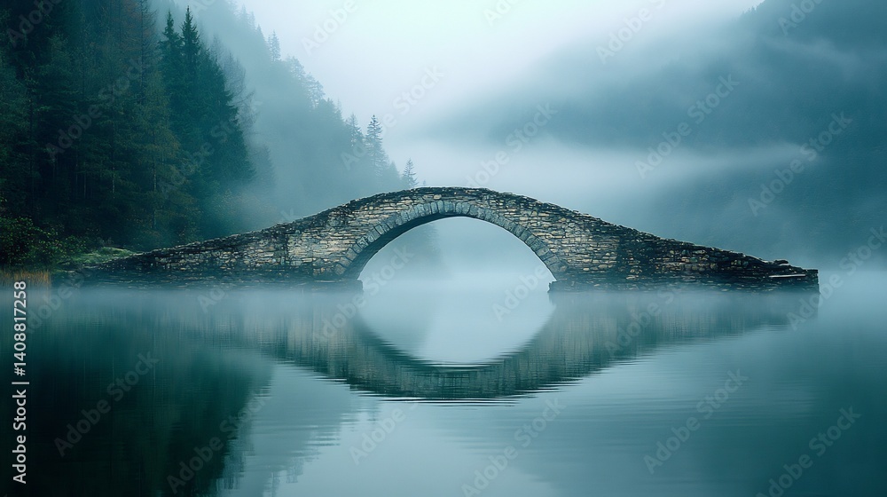 Fototapeta premium Foggy morning view of an ancient stone bridge over a reflective mountain lake mystical and peaceful