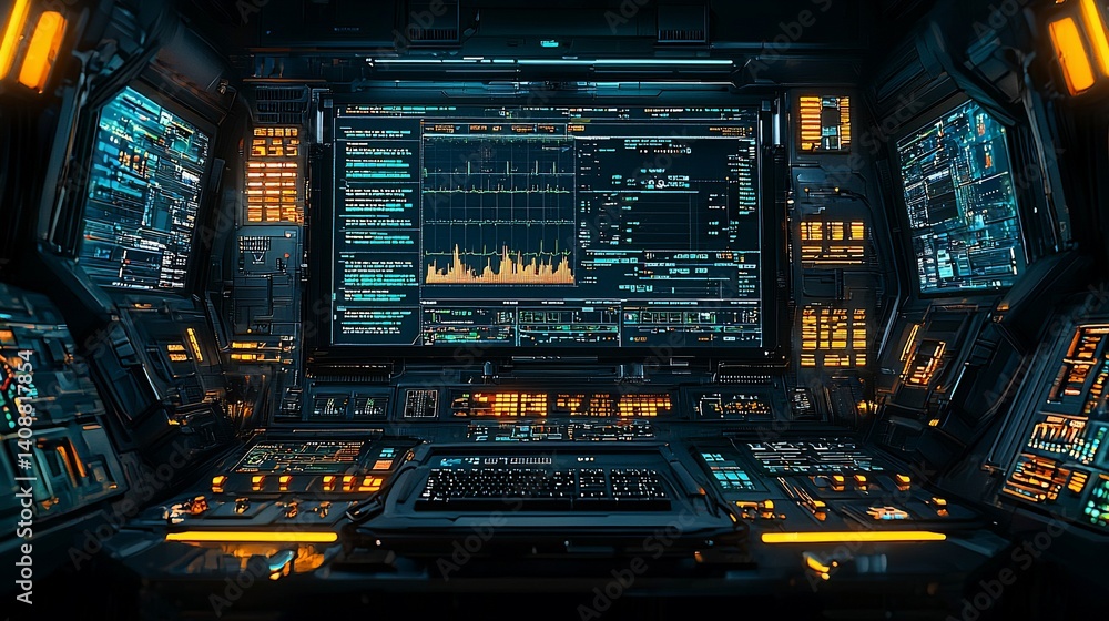 Fototapeta premium Futuristic control room with multiple screens displaying data graphs and charts
