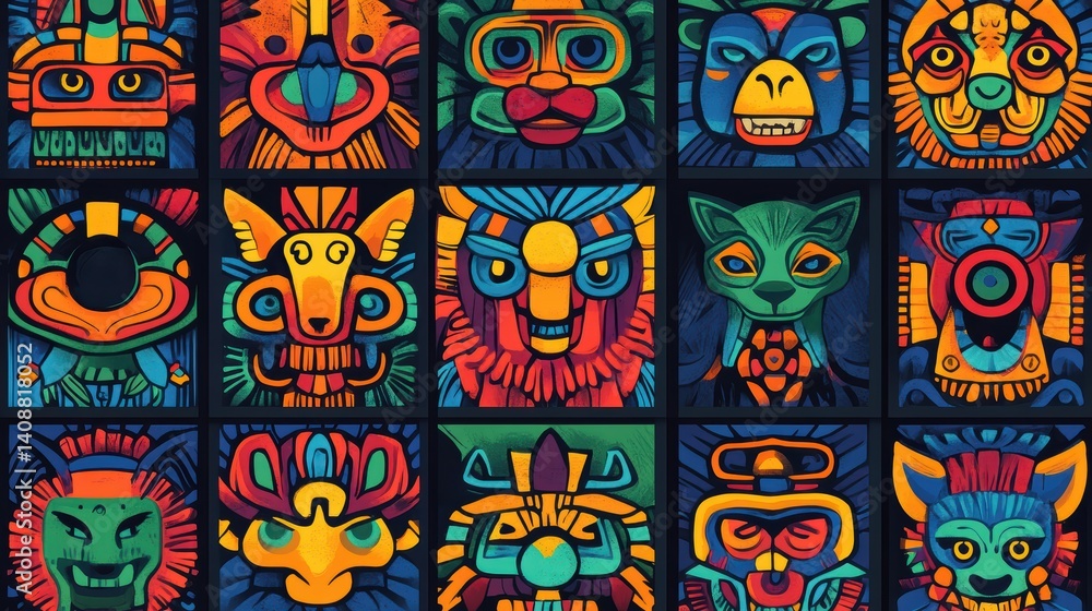 Fototapeta premium Vibrant Graphic Illustrations of Colorful Animal Masks and Faces