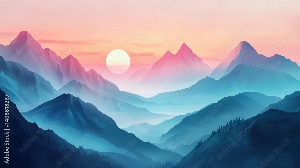 Obraz premium Pastel sunset over a misty mountain range.