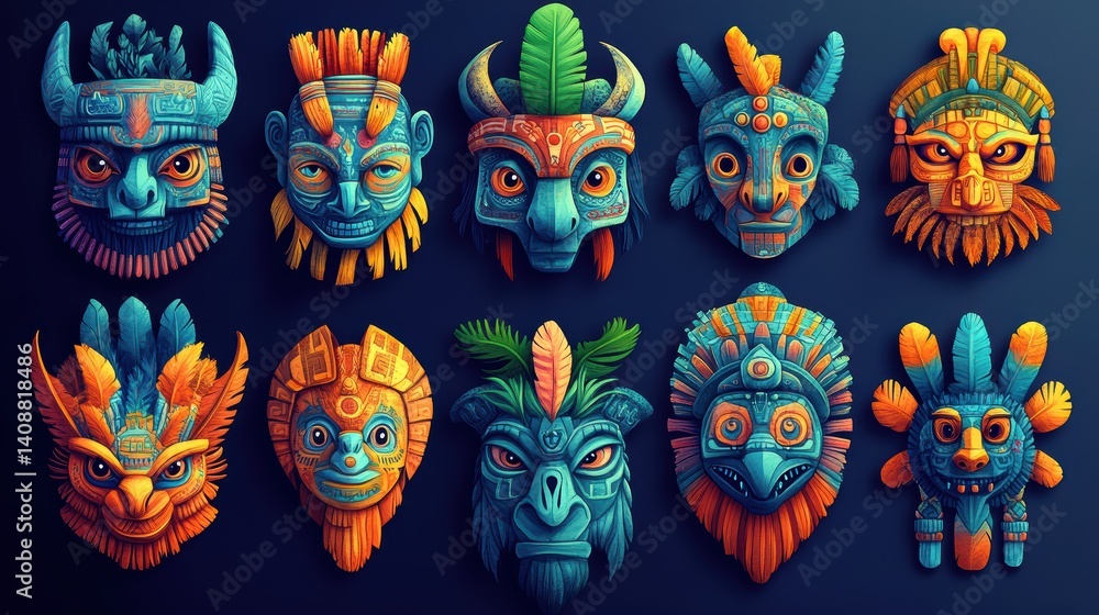 Fototapeta premium Colorful Tribal Masks Collection with Unique Patterns and Designs
