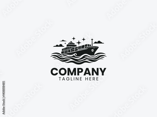 Cargo Ship Silhouette Carrying Containers Rough Sea Vector Logo Design