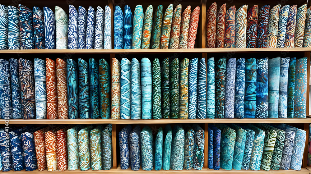 Colorful fabric rolls neatly arranged on wooden shelves Colorful fabric rolls neatly arranged on wooden shelves