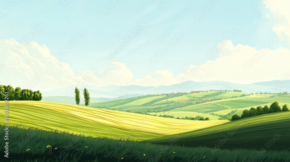 Obraz premium Picturesque rolling hills embrace a sunny countryside.