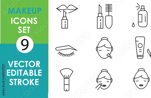 Minimalist vector icon set featuring makeup items: lipstick, mascara, spray bottle, eyebrow, lashes, face with brush, cream tube, makeup brush, skincare, and clean face.