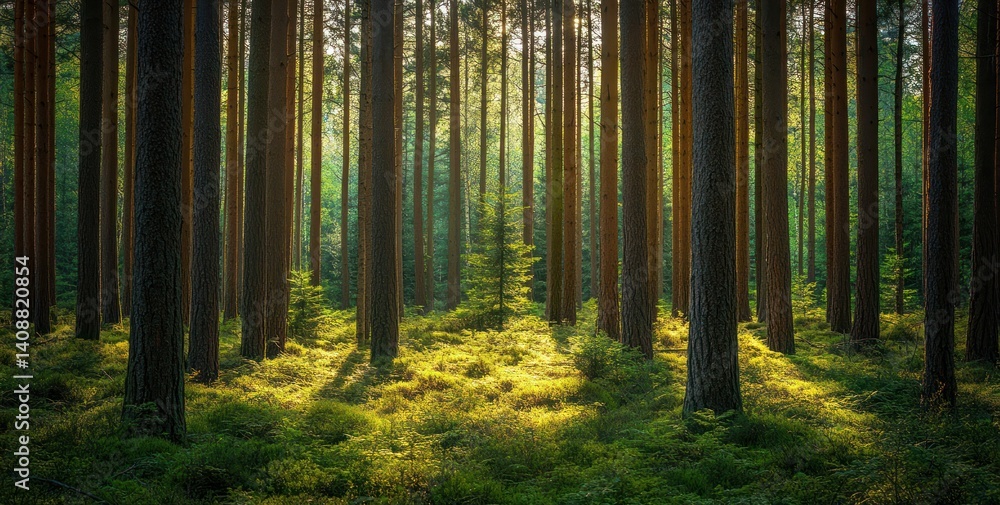 Obraz premium Sunlit Forest: A Tranquil Pine Grove