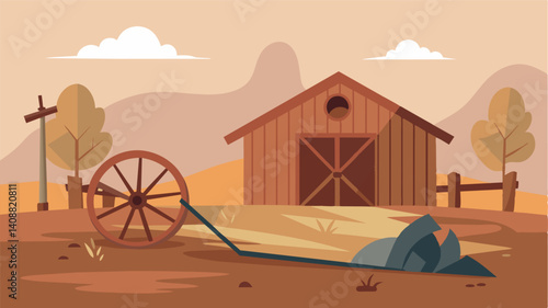 In a dusty and cluttered barn a plow is propped against the wall its oncesharp blades now dulled and useless a symbol of the decline of family farms.. Vector illustration