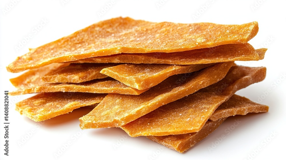 Pile of crispy golden potato chips arranged on a white background, isolated for food-related visuals with a crunchy appeal Pile of crispy golden potato chips arranged on a white background, isolated for food-related visuals with a crunchy appeal