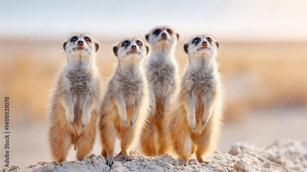 Fototapeta premium Four meerkats standing on a mound, attentively looking upwards against a bright, blurry background. They're alert and watchful in their natural habitat.