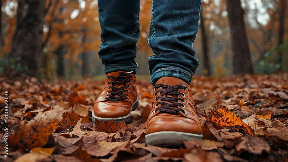 Autumn walk, boots on leaves, forest path Autumn walk, boots on leaves, forest path