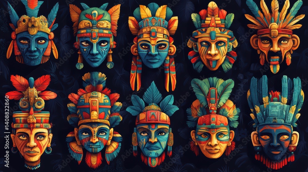 Vibrant Illustration of Colorful Ancient Masks in Tribal Style Vibrant Illustration of Colorful Ancient Masks in Tribal Style