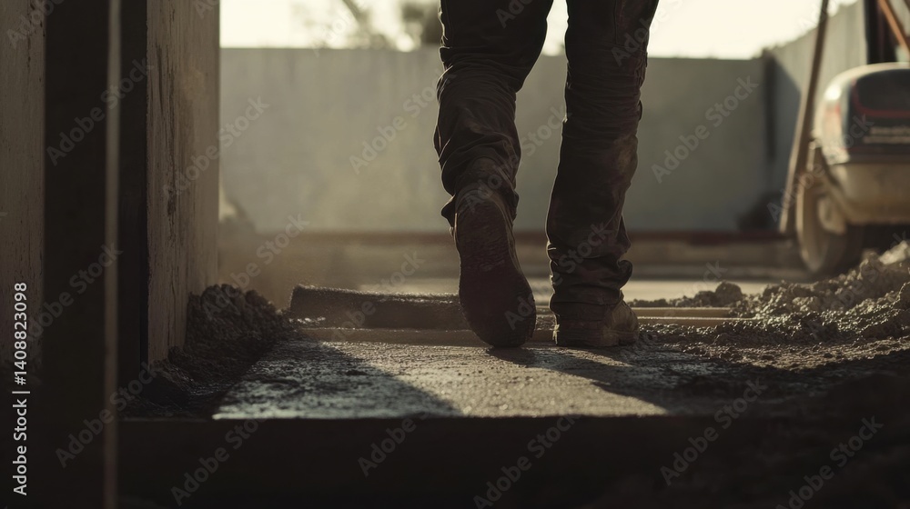 Fototapeta premium A construction worker leveling a concrete floor at a construction site. Featuring accuracy and effort