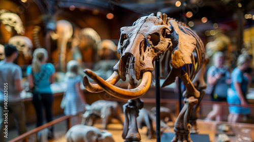 Gigantic mastodon fossil exhibited in natural history museum, prehistoric mammal skeleton on display for education and paleontology study, evolution and ancient wildlife concept.