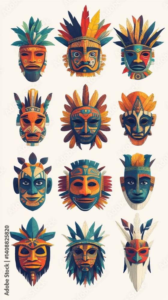 Obraz premium Colorful Tribal Masks Collection Displayed on a Light Background