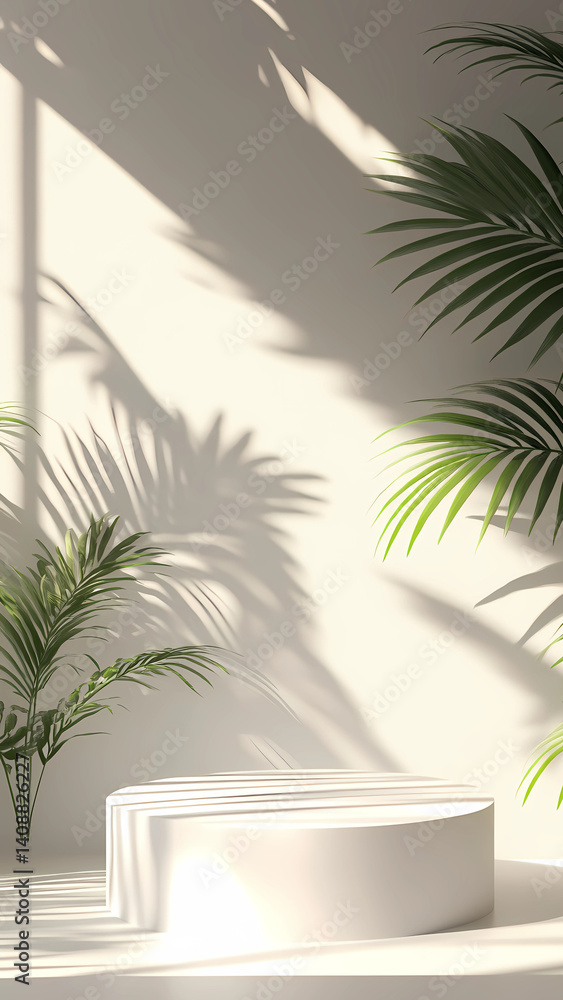 Obraz premium blank minimal white counter podium, soft beautiful dappled sunlight, tropical palm foliage leaf shadow on wall for luxury hygiene organic cosmetic, skincare, beauty treatment product background 3d