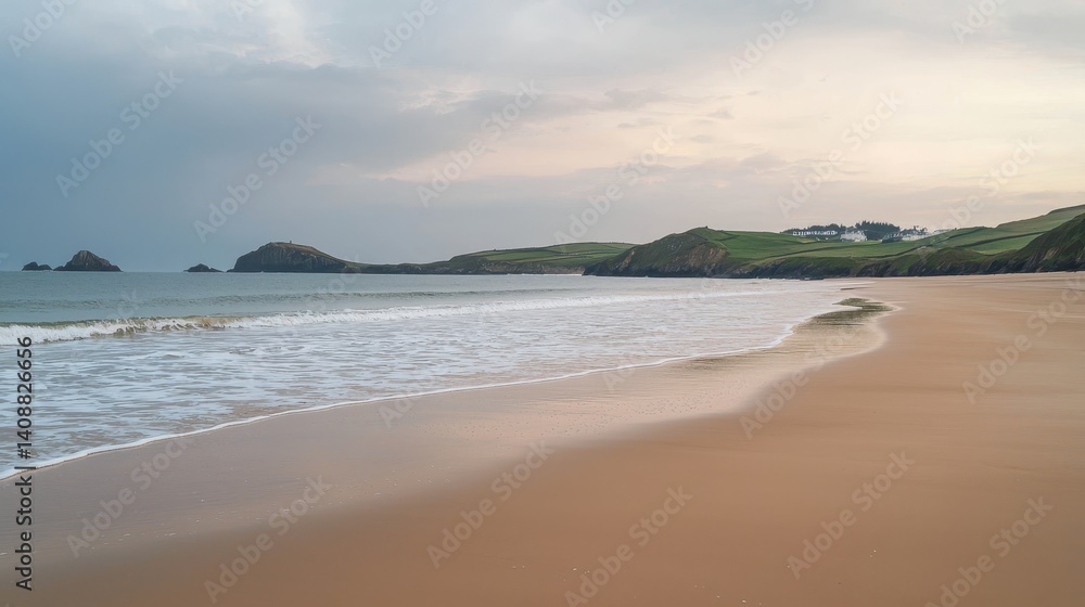 Obraz premium Gentle waves caress a golden beach on a cloudy Irish coast.