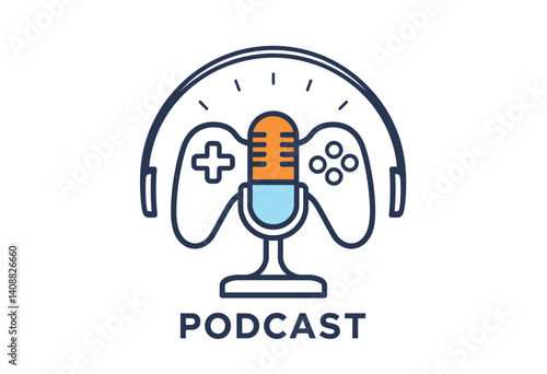 Gaming Podcast Logo with Headset and Microphone. This simple clean logo combines a gaming controller and headset with a microphone clearly representing a gaming podcast