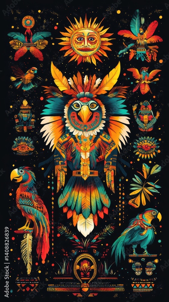 Fototapeta premium Vibrant Illustrated Artwork of Birds and Sun on Black Background