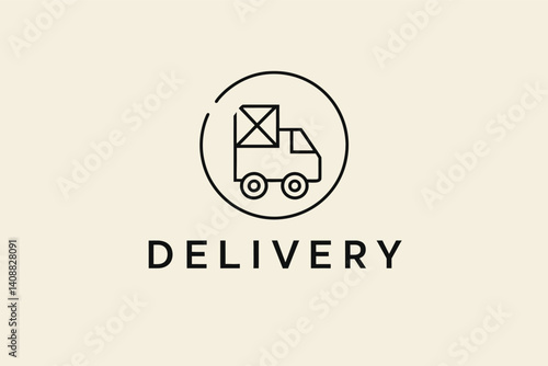 Simple Line Art Icon of a Delivery Truck. A minimalist line-art graphic of a delivery truck in a circle