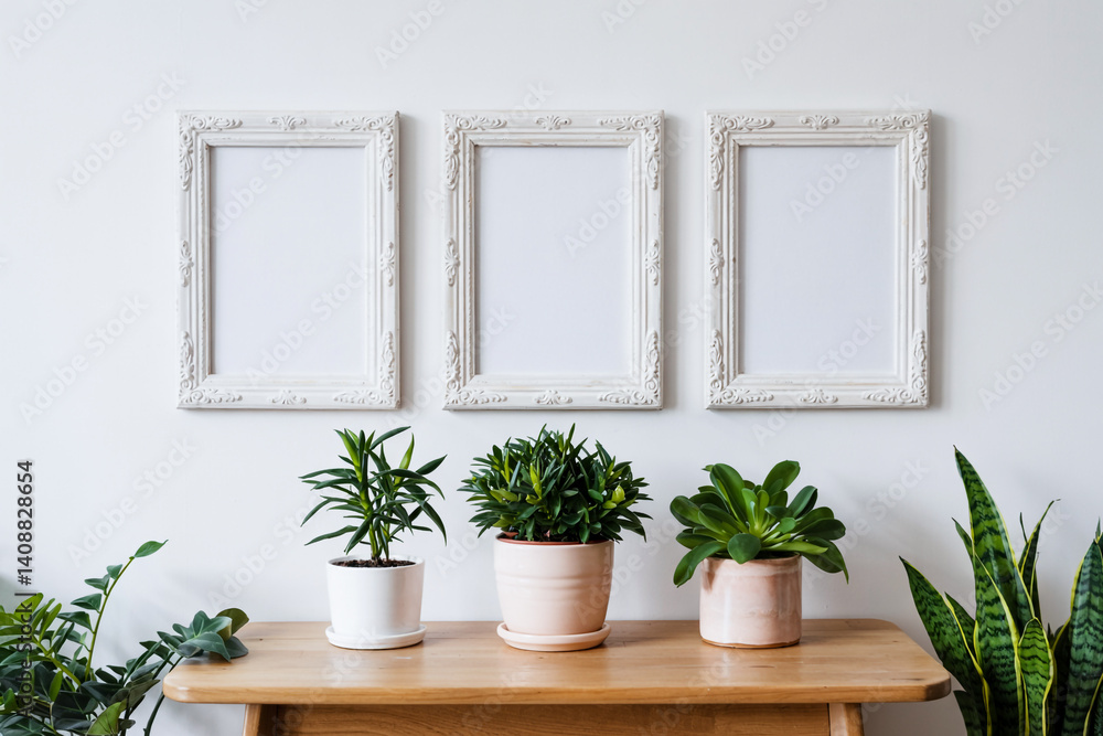 Three Empty Frames Above Plants On Wooden Table Against White Wall Three Empty Frames Above Plants On Wooden Table Against White Wall