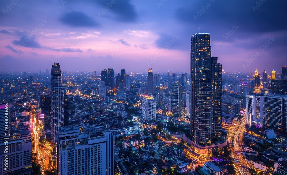 Obraz premium Bangkok's Skyline at Twilight: A Stunning Aerial View of the City's Glittering Lights and Skyscrapers