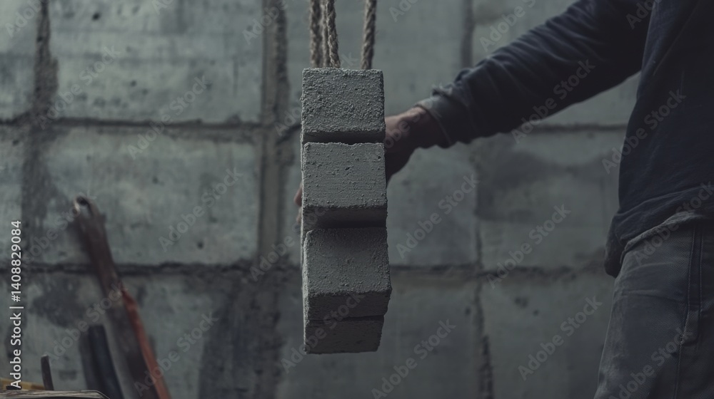 Fototapeta premium A construction worker lifting cement blocks into place. Featuring teamwork and strength