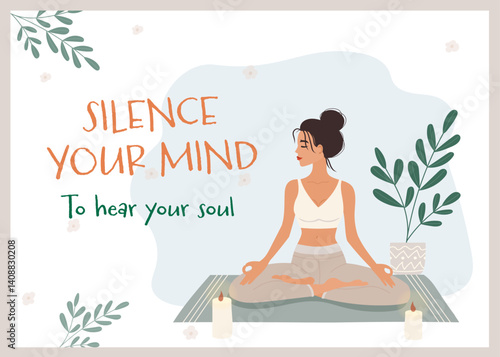 Vector postcard with a young woman meditating on a mat, surrounded by candles and plants. Flat style. Suitable for wellness, self care and inspirational designs